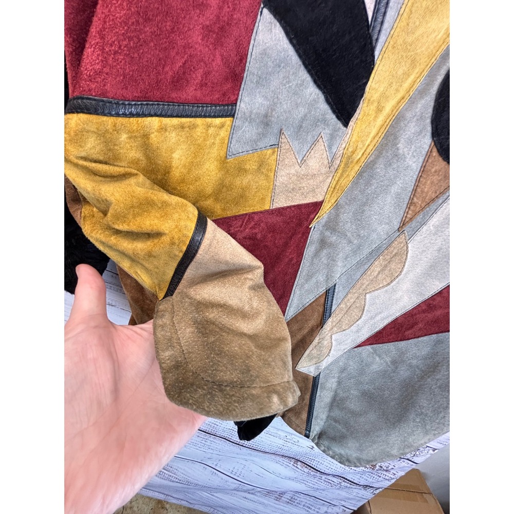 Vintage 80s Suede Leather Patchwork Jacket Fur Collar Geometric Art Earth L‎ OOK - Picture 15 of 15